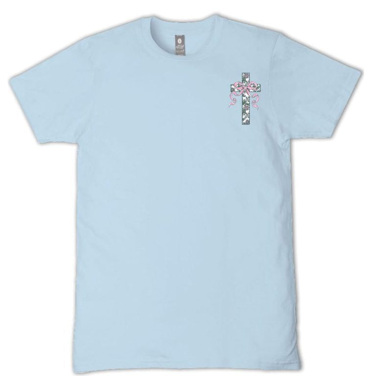 Simply Southern ice blue t-shirt with small floral cross and pink bow chest graphic