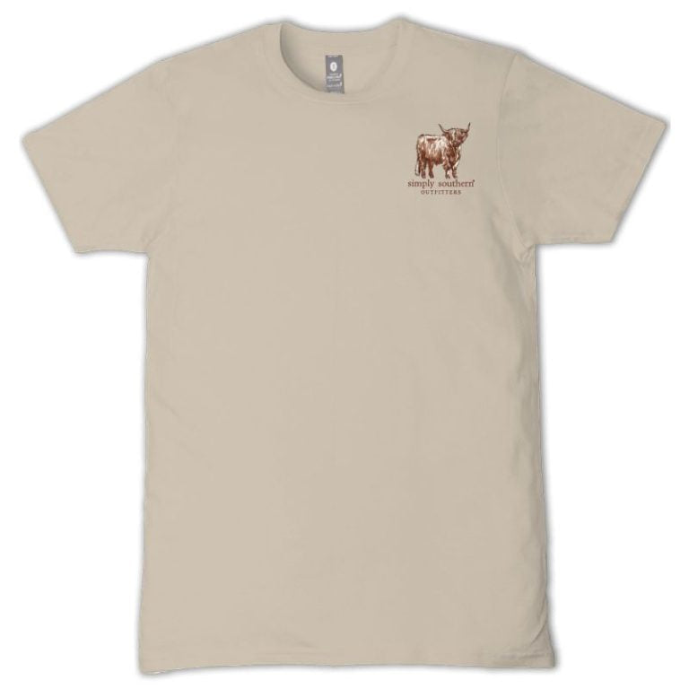 Simply Southern clay short sleeve t-shirt with small Highland cow chest graphic on front