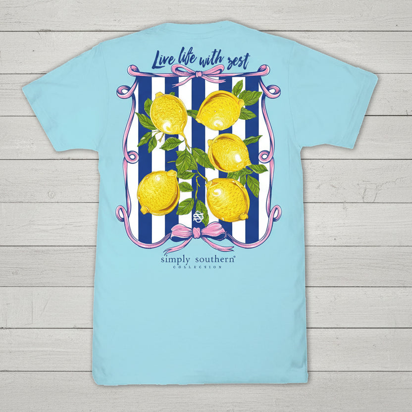 Simply Southern Aegean blue short sleeve t-shirt with lemon graphic and “Live Life with Zest” text on back