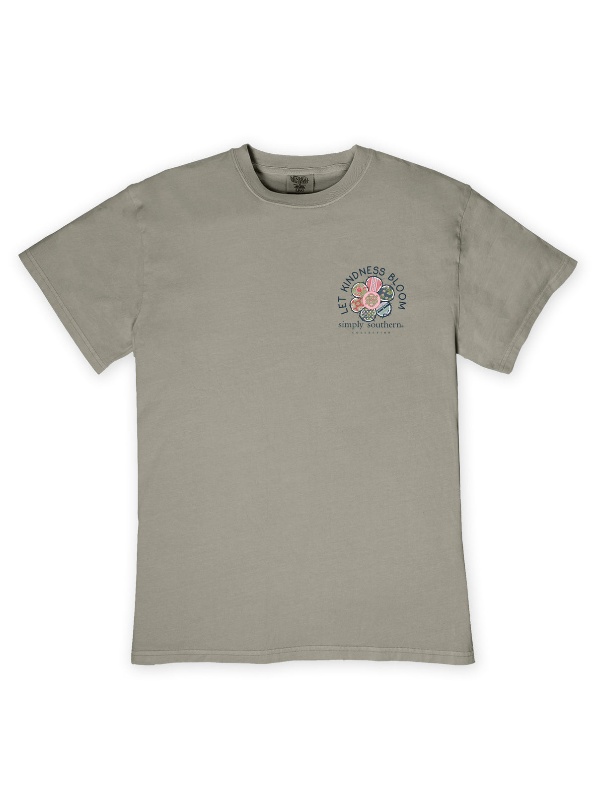 Front view of Simply Southern Let Kindness Bloom premium mineral washed T-shirt in Birch featuring a small colorful patchwork flower and Simply Southern logo on the left chest.