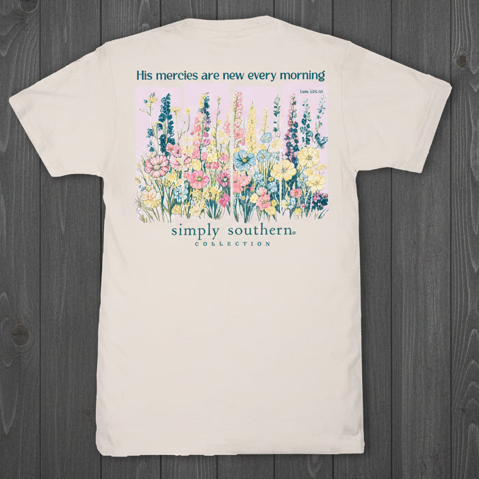 Simply Southern His Mercies Are New Every Morning t-shirt back view featuring pastel wildflowers and scripture from Lamentations 3:22–23
