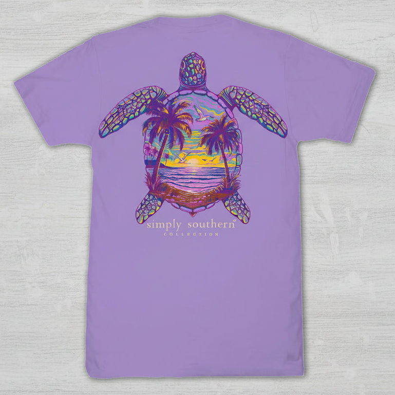 Simply Southern grape short sleeve t-shirt featuring sea turtle filled with tropical sunset and palm trees