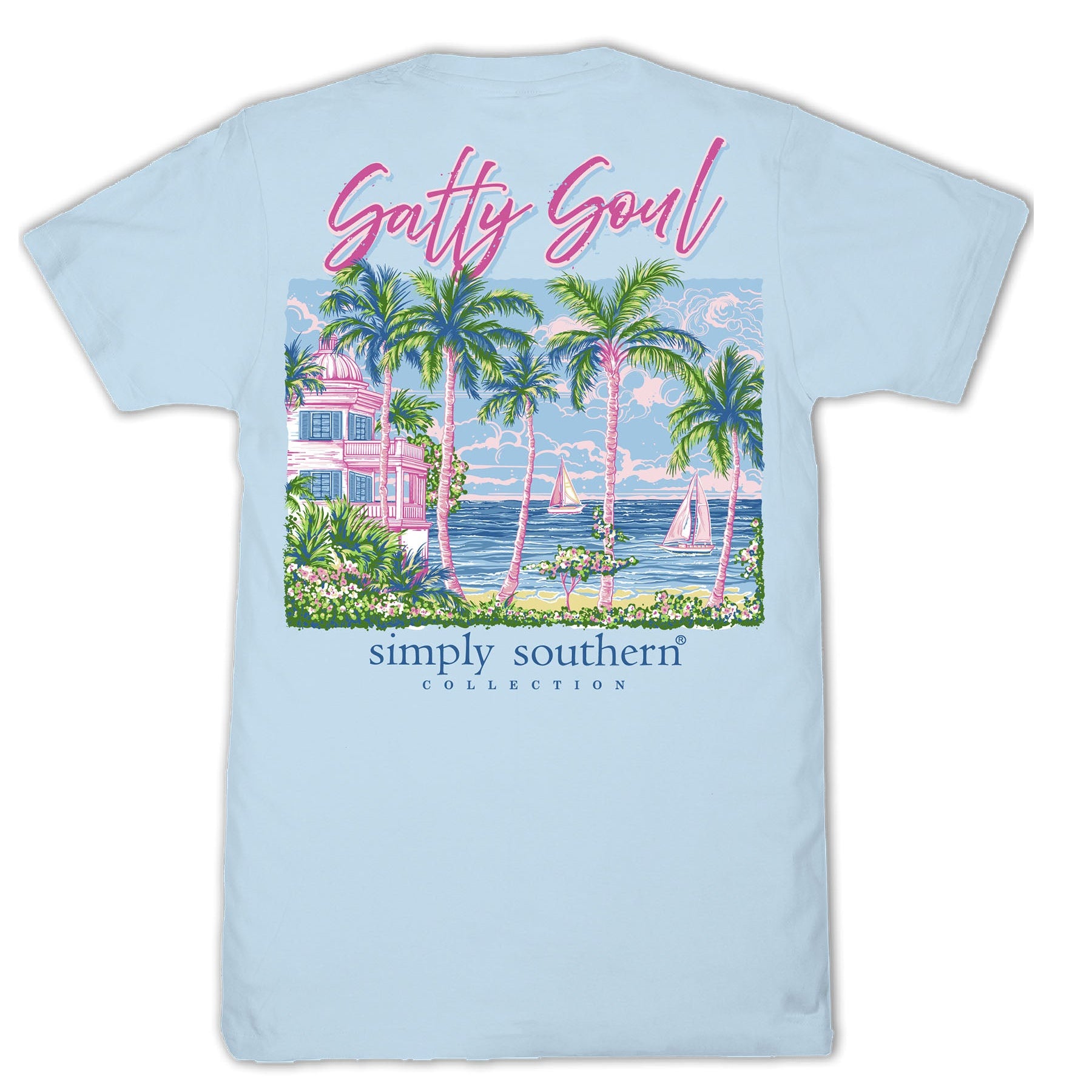 Simply Southern Salty Soul ice blue short sleeve cotton tee with palm trees, coastal house, sailboats, and ocean scene graphic