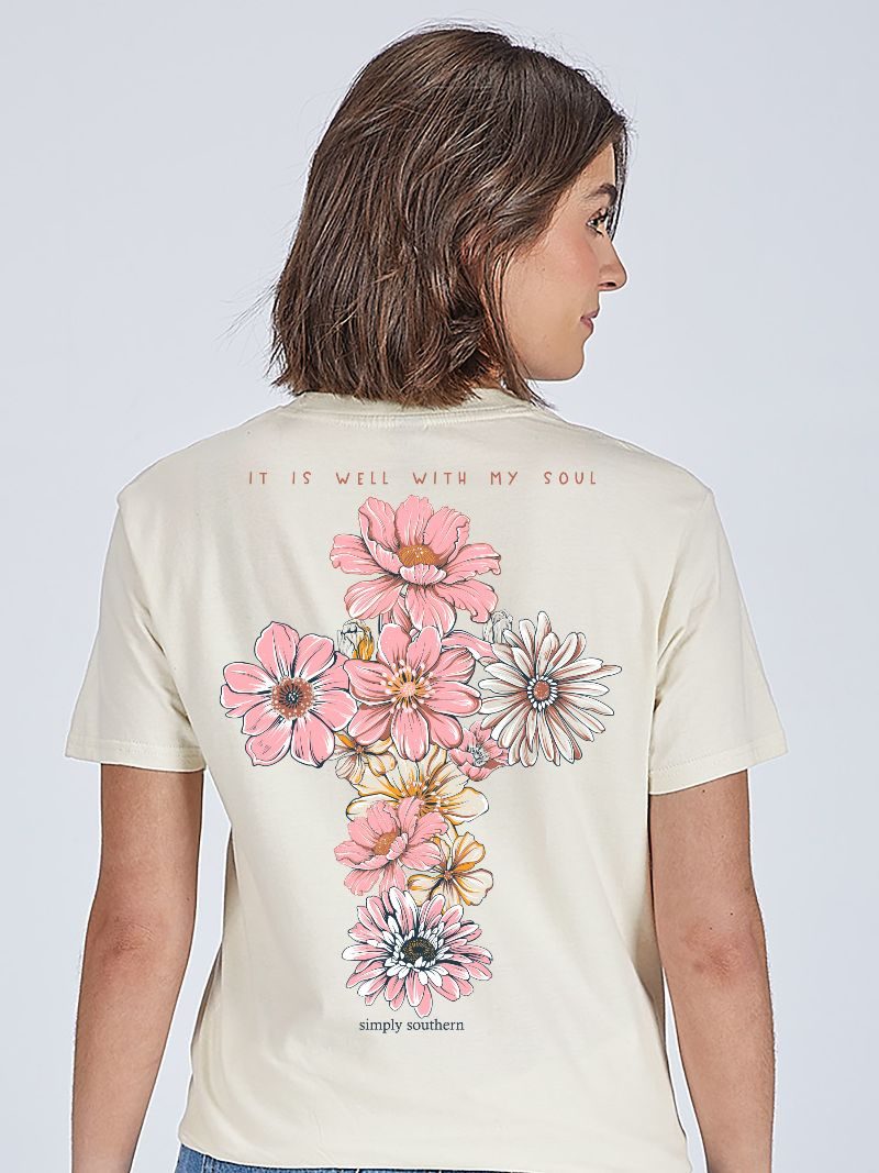 Simply Southern It Is Well With My Soul linen short sleeve cotton tee with floral cross back graphic