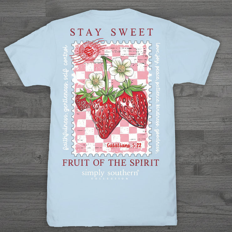 Simply Southern Stay Sweet Fruit of the Spirit t-shirt in ice blue featuring strawberry graphic and Galatians 5:22