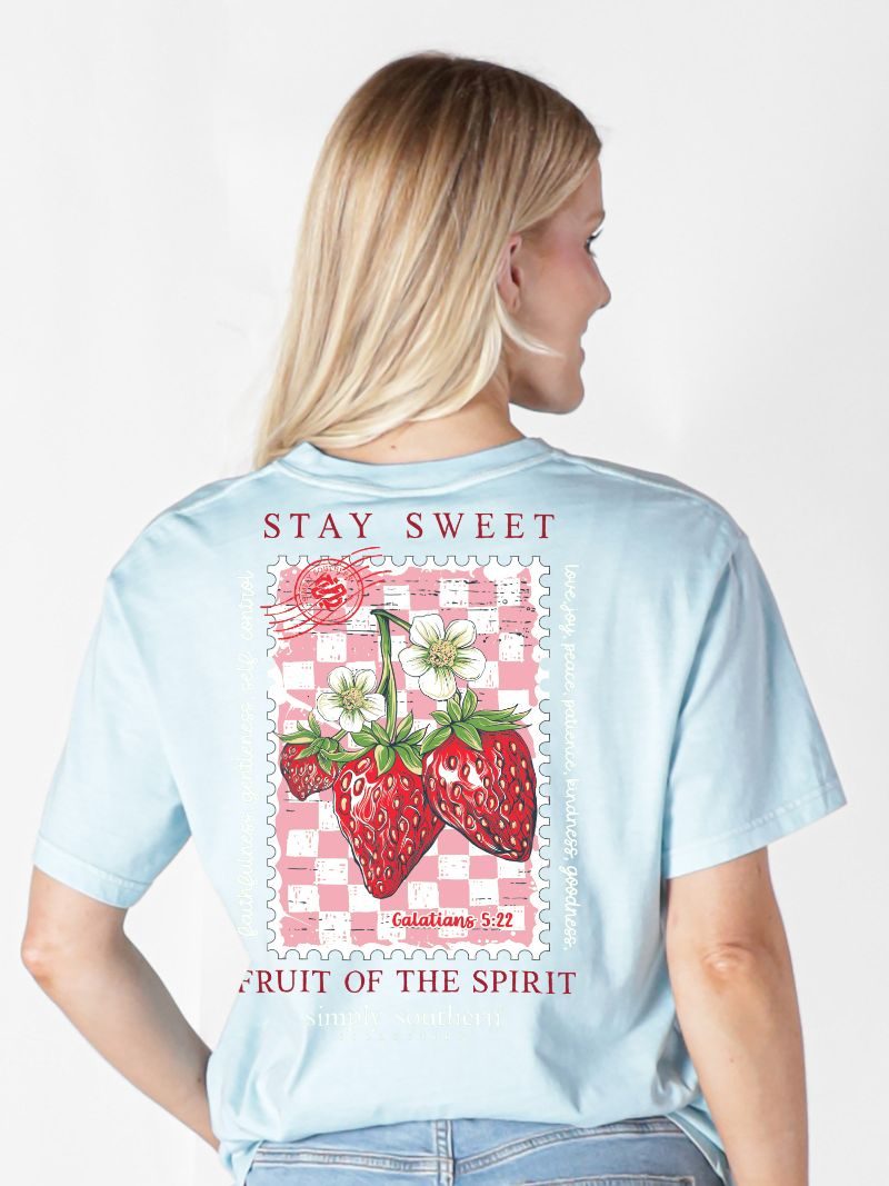 Model wearing Simply Southern Stay Sweet faith-inspired strawberry graphic t-shirt