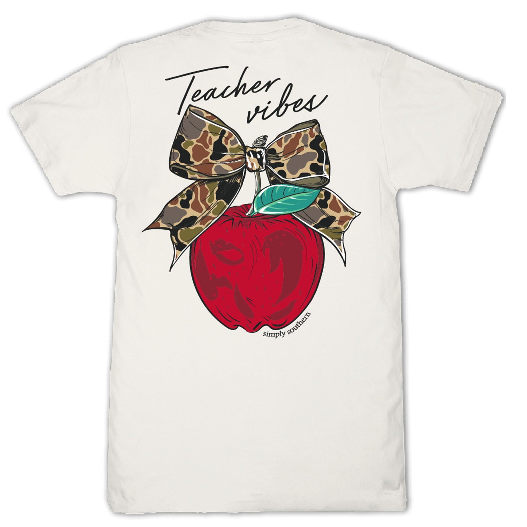 Simply Southern linen short sleeve t-shirt with Teacher Vibes apple and camouflage bow back graphic
