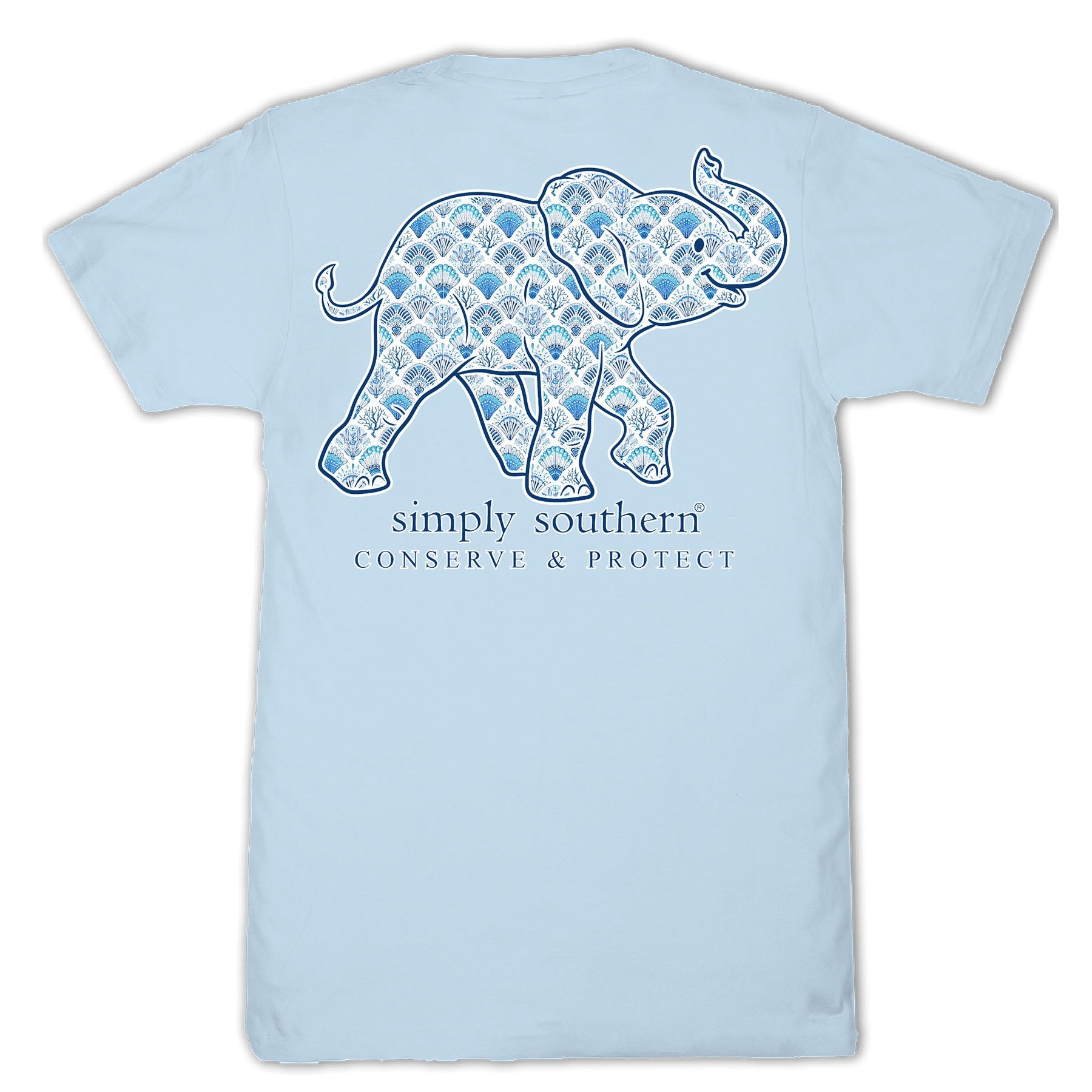 Simply Southern ice blue animal conservation T-shirt with patterned elephant graphic and Conserve & Protect text