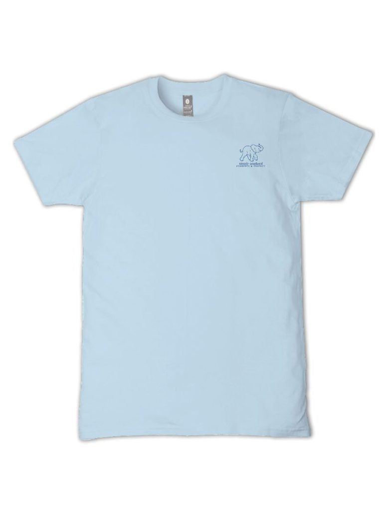 Simply Southern ice blue short sleeve T-shirt with small elephant logo for animal conservation