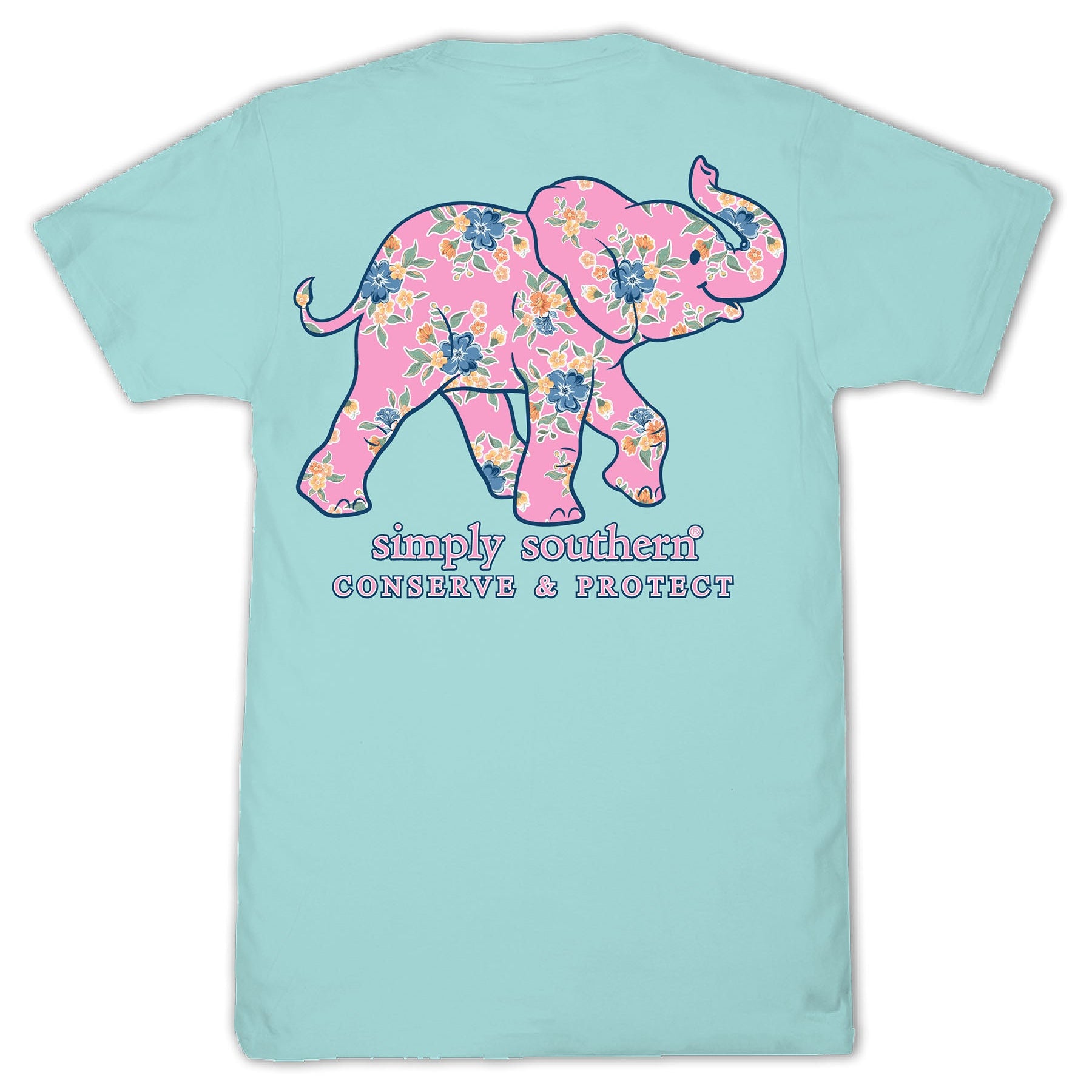 Simply Southern aqua t-shirt with pink floral elephant graphic supporting animal conservation and elephant tracking program