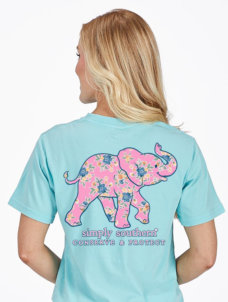 Simply Southern aqua t-shirt with pink floral elephant graphic supporting animal conservation and elephant tracking program
