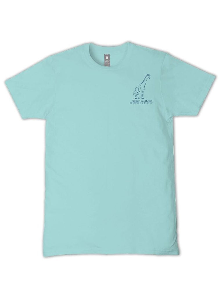 Simply Southern aqua short sleeve T-shirt with small giraffe logo for animal conservation