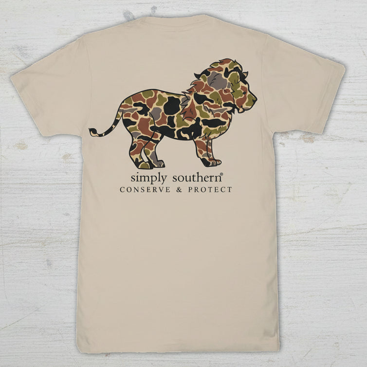 Simply Southern clay short sleeve t-shirt featuring camouflage lion and Conserve & Protect text