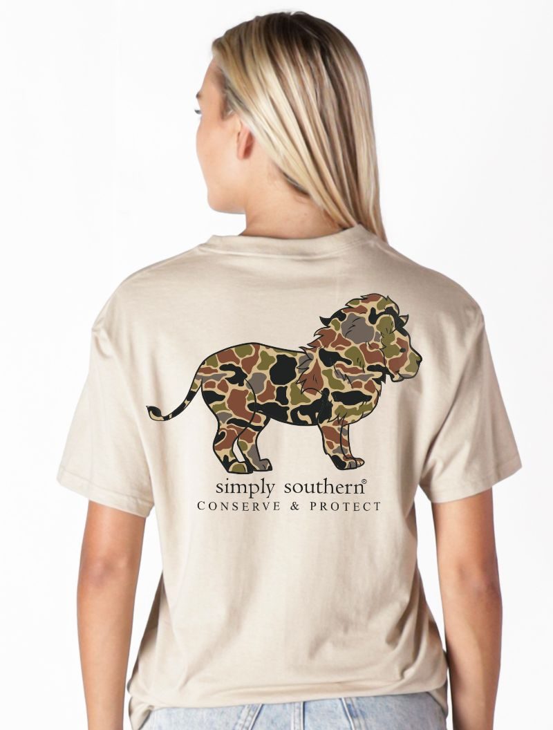 Model wearing Simply Southern clay t-shirt with camo lion Conserve & Protect back graphic
