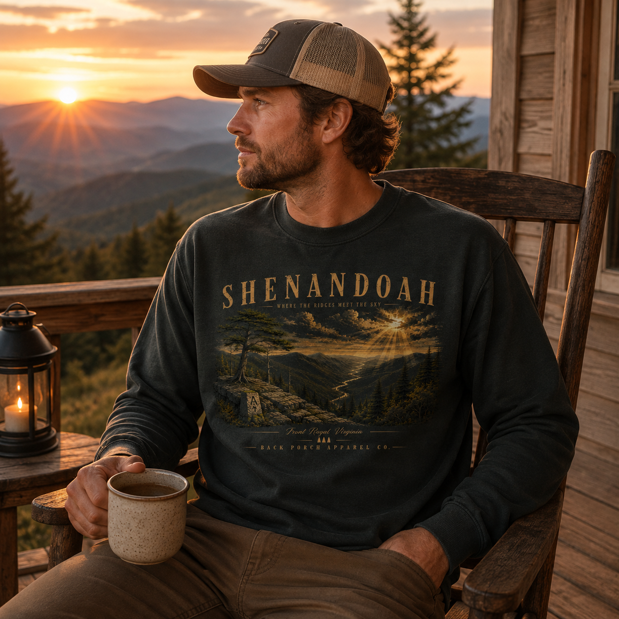 Man wearing a Back Porch Apparel Comfort Colors Crew Sweatshirt Shenandoah