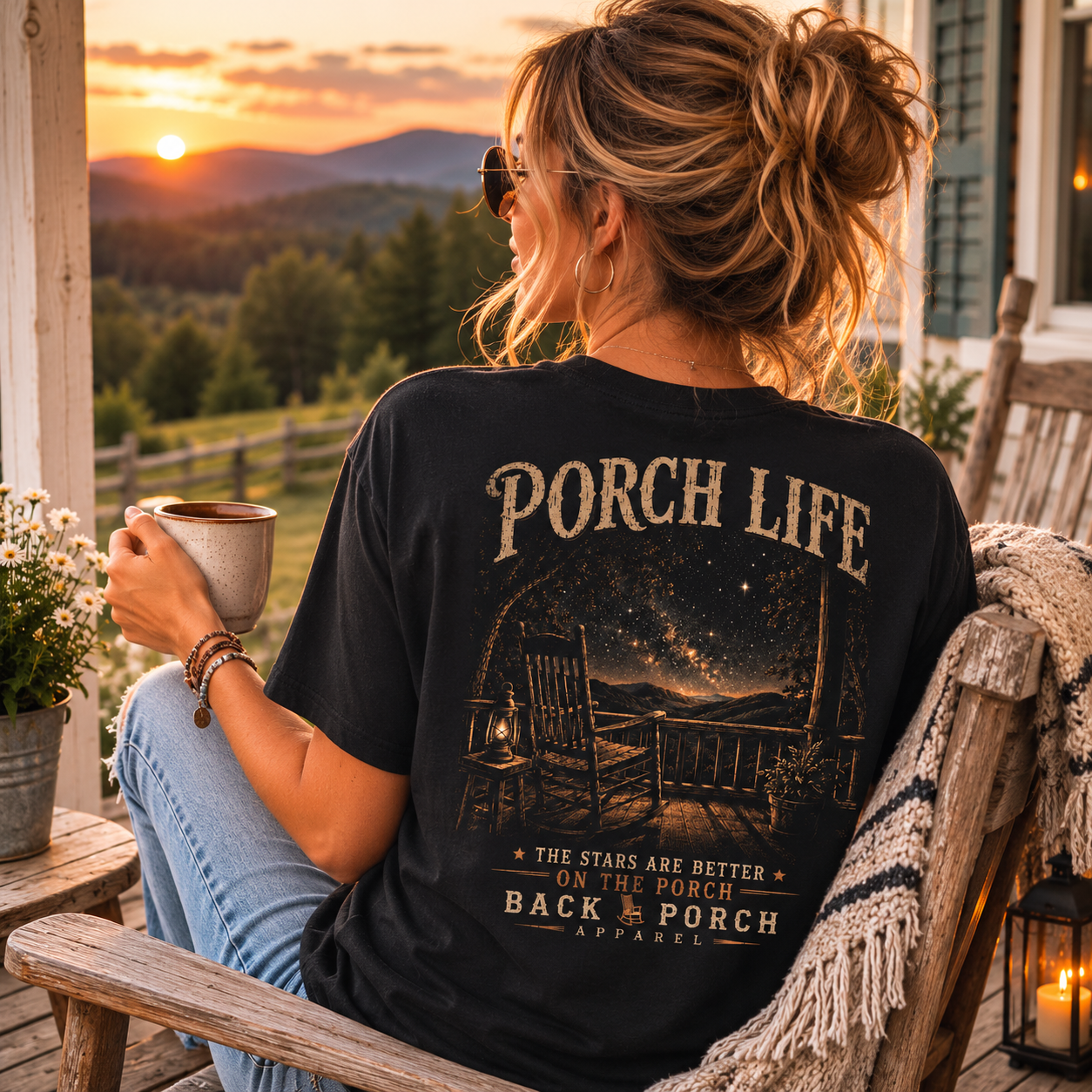 Woman wearing a Stars Are Better On The Porch Back Porch Apparel Shirt