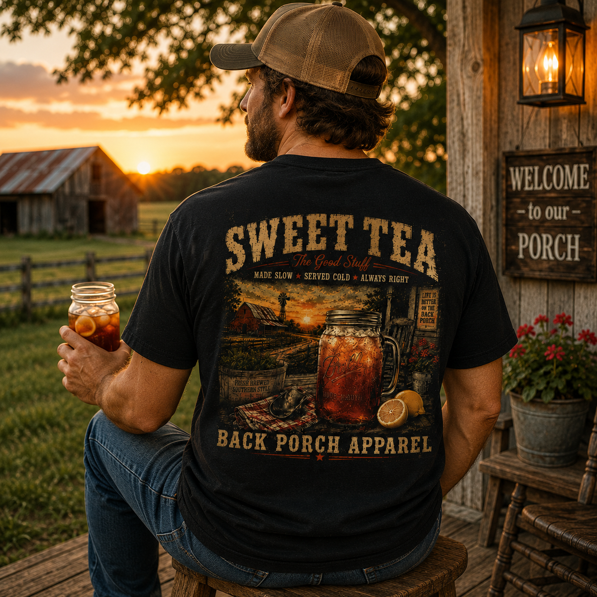 A man wearing a black graphic t-shirt with a large 'Sweet Tea' design on the back, sitting on a porch at sunset holding an iced tea mug.
