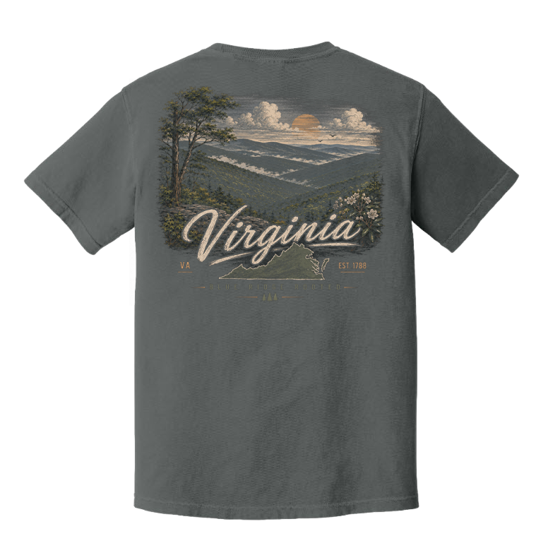 Back of a Pepper Comfort Colors Virginia t-shirt featuring Blue Ridge mountains, sunset, and the words "Virginia – Blue Ridge Rooted."