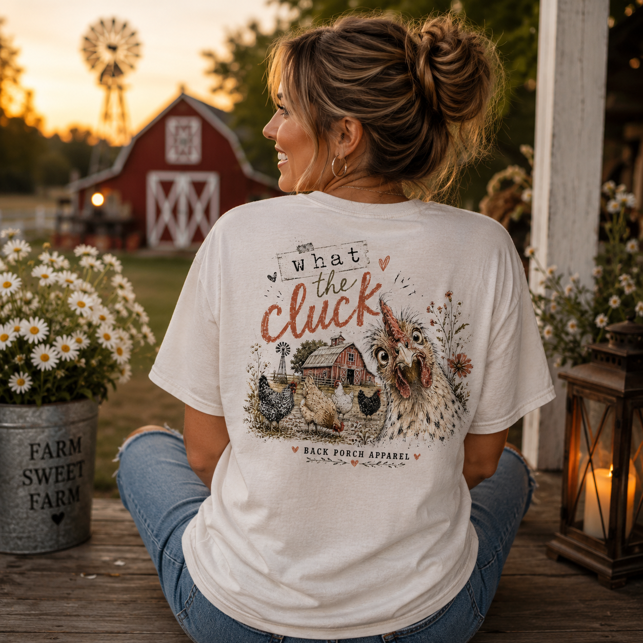 Woman wearing a What The Cluck Back Porch Apparel Shirt