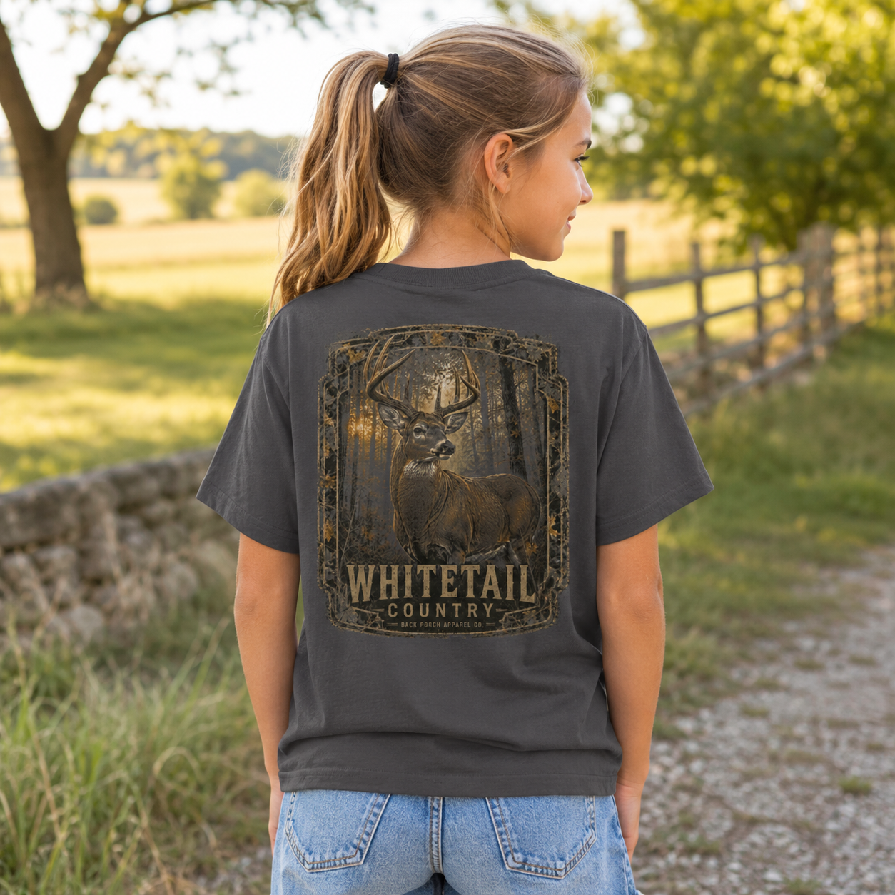 A woman shown from behind wearing a dark charcoal gray t-shirt with a large distressed brown graphic of a whitetail deer and the text 'WHITETAIL COUNTRY'. The background is a blurred outdoor rural scene with trees, a stone wall, and a wooden fence.