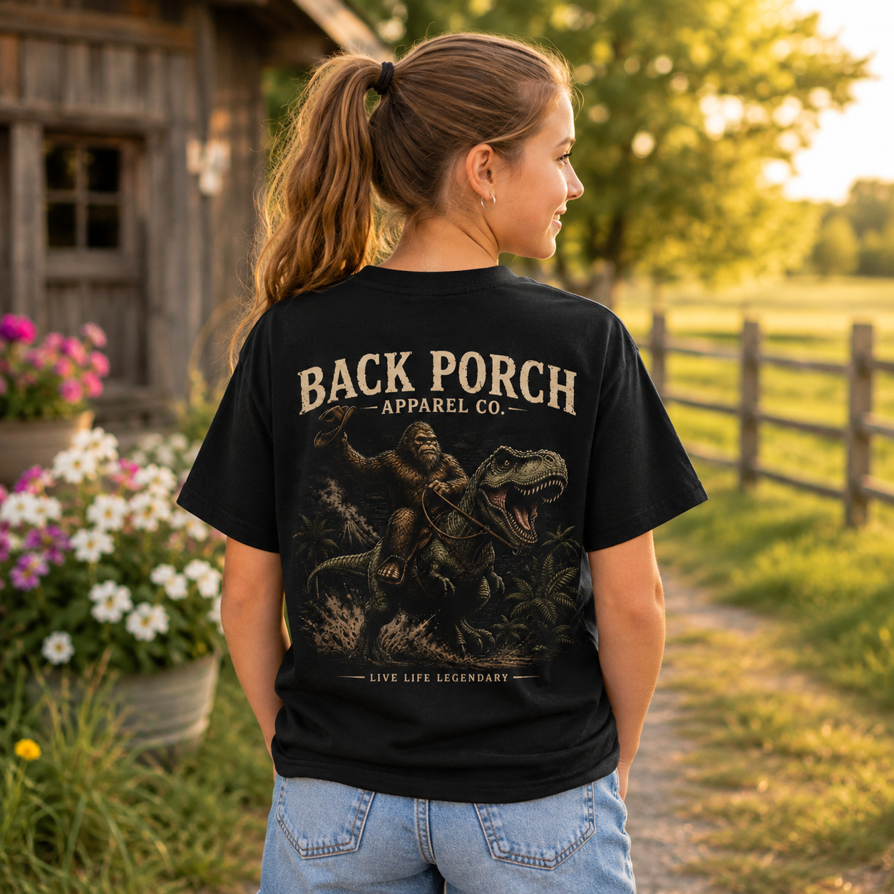 A woman stands outdoors on a country path wearing a black graphic T-shirt. The back of the shirt shows a large dinosaur-and-person illustration with the text 'BACK PORCH APPAREL CO.
