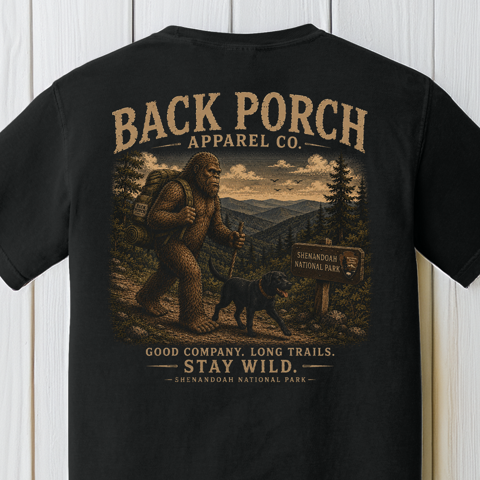 Bigfoot hiking in the shenandoah national park with a black lab tshirt