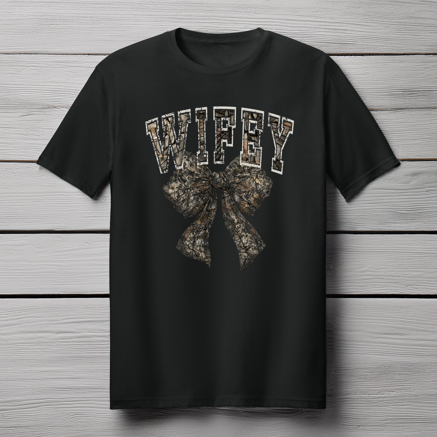 Back Porch Apparel Wifey Camouflage Bow Short Sleeve T-Shirt