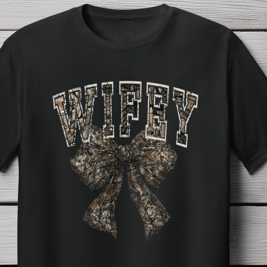 Back Porch Apparel Wifey Camouflage Bow Short Sleeve T-Shirt