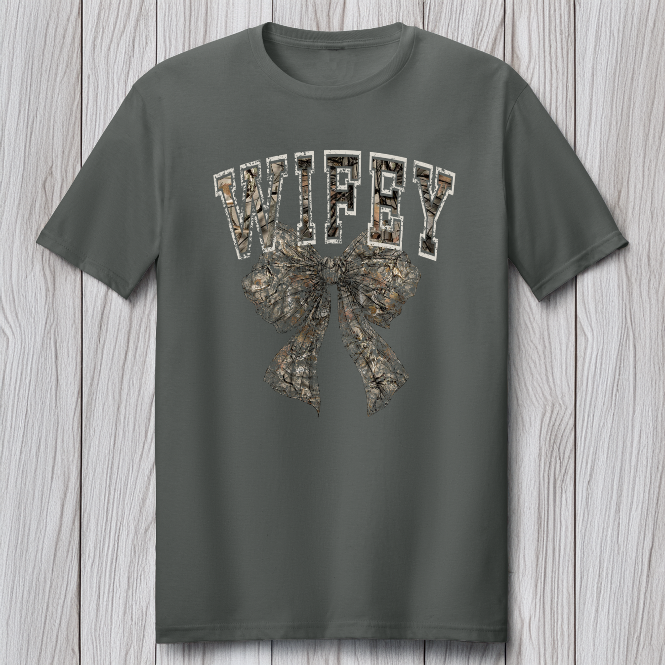Back Porch Apparel Wifey Camouflage Bow Short Sleeve T-Shirt