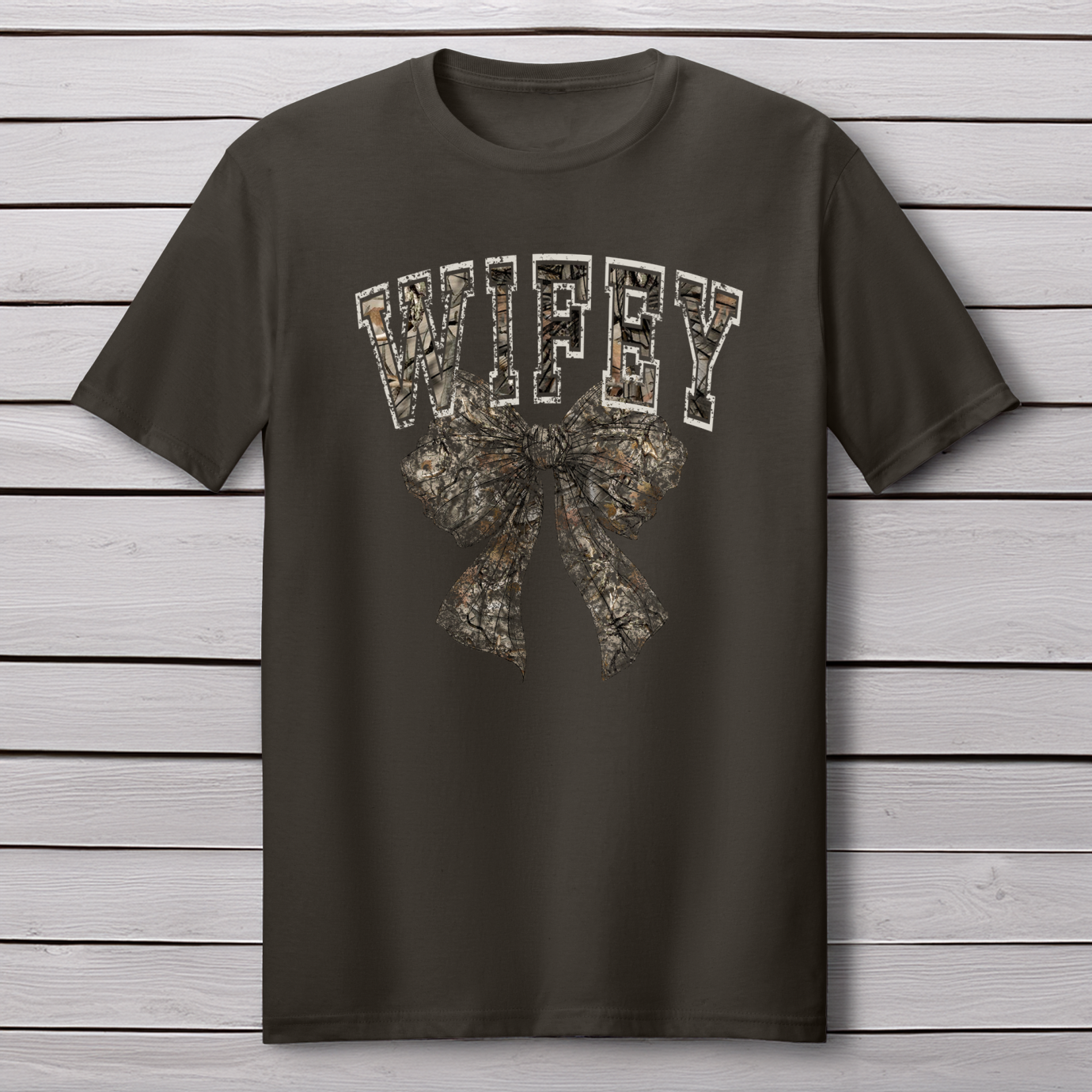 Back Porch Apparel Wifey Camouflage Bow Short Sleeve T-Shirt