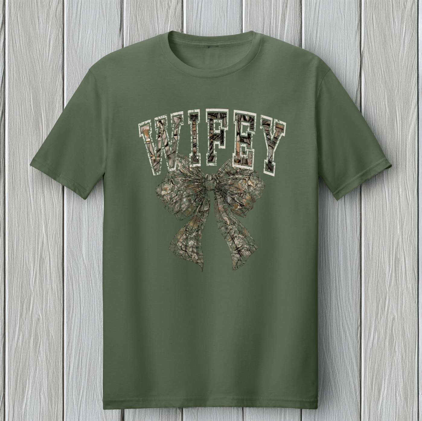 Back Porch Apparel Wifey Camouflage Bow Short Sleeve T-Shirt