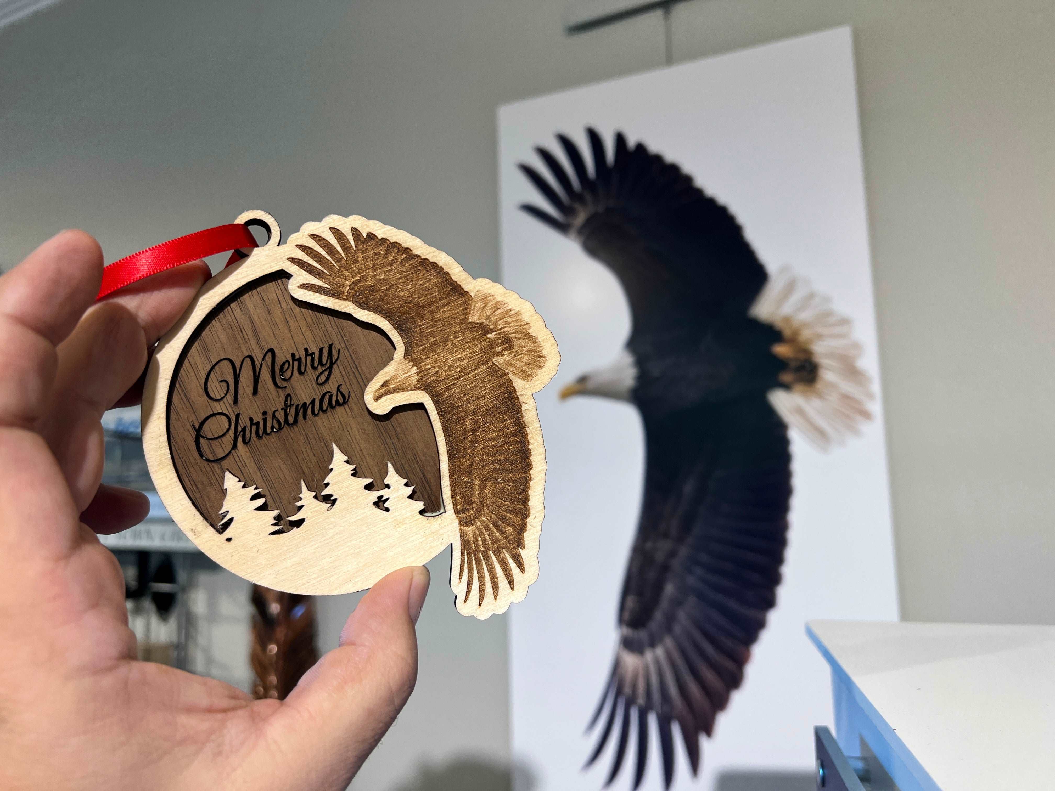 Bald Eagle Merry Christmas 3.5” Wooden Ornament with Ribbon