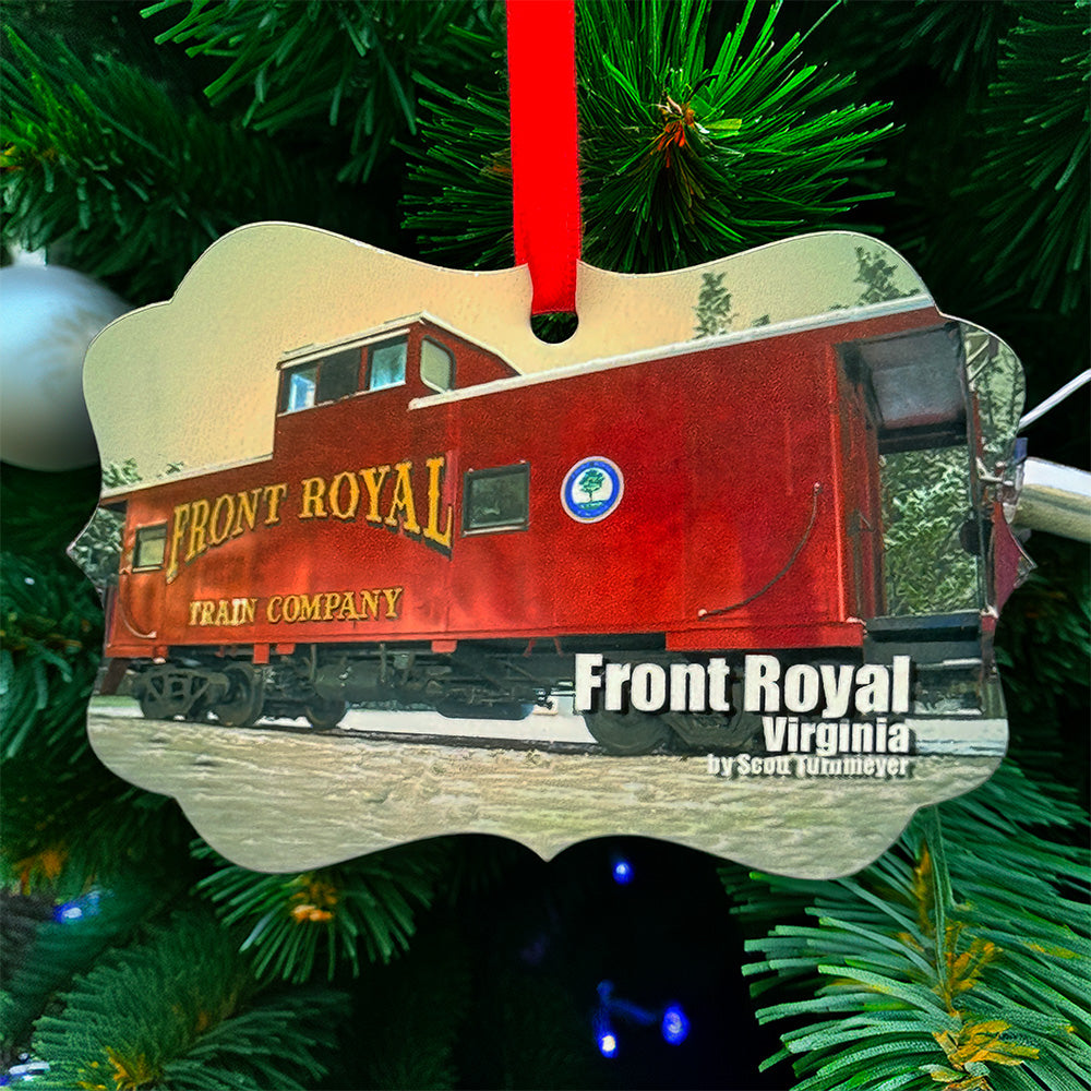 Front Royal Virginia caboose metal ornament with red ribbon, featuring Front Royal Train Company caboose on front and map with coordinates on back