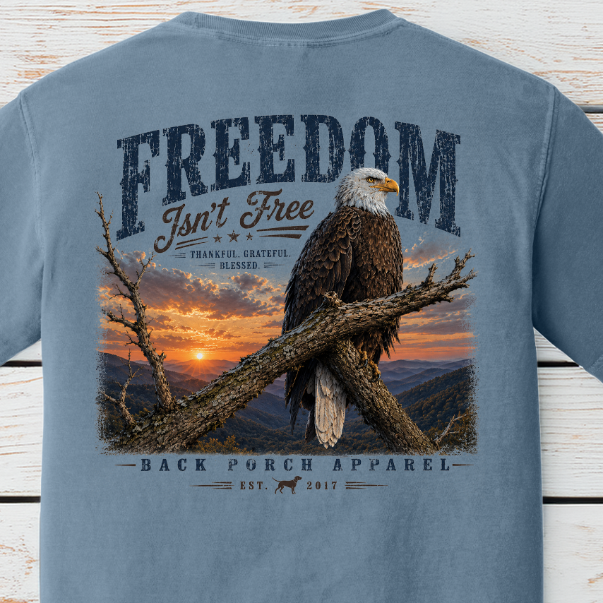 Freedom Isn't Free bald eagle graphic t-shirt on Comfort Colors garment-dyed tee featuring an American eagle perched above a mountain sunrise
