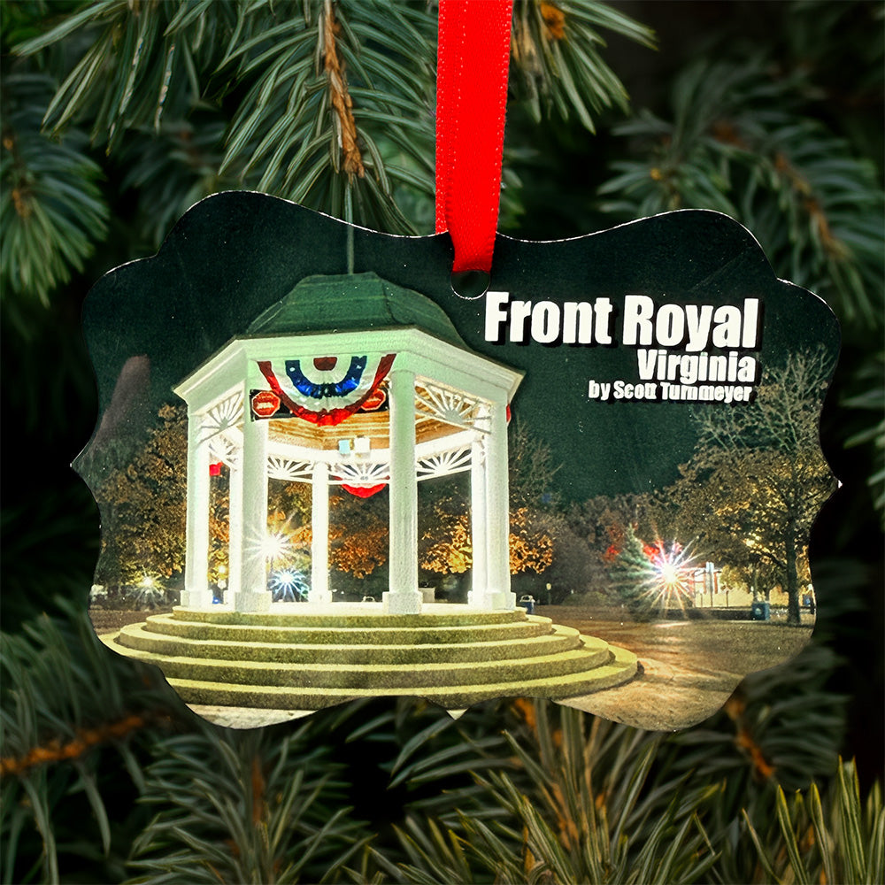 Front Royal Virginia gazebo metal ornament with red ribbon, featuring illuminated town gazebo on front and map with coordinates on the back