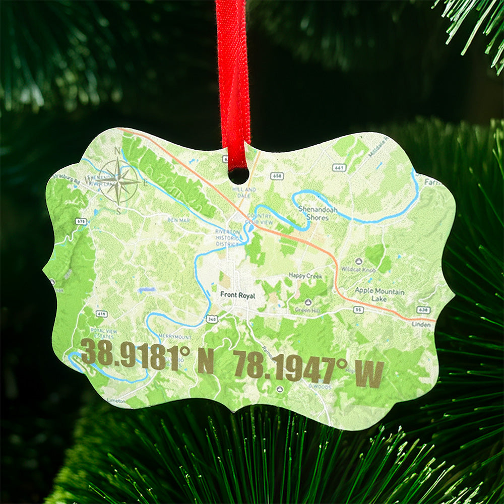 Front Royal Virginia caboose metal ornament with red ribbon, featuring Front Royal Train Company caboose on front and map with coordinates on back