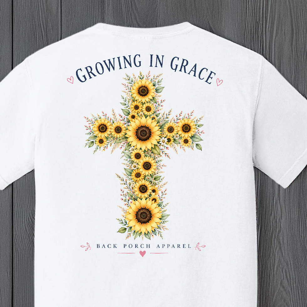 Sunflower cross artwork with Growing In Grace message and floral details on a Christian-themed graphic t-shirt
