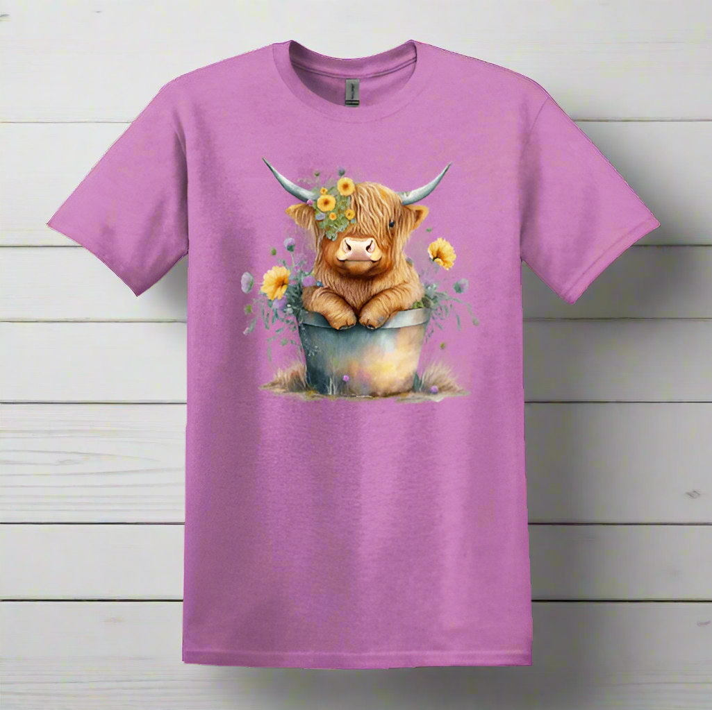 Highland Cow with Flowers Soft Ring Spun 100% Cotton Midweight Unisex T-Shirt TShirt