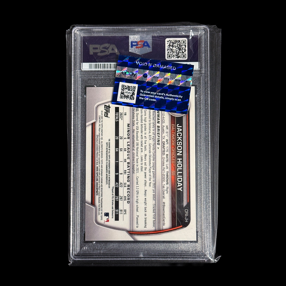 2023 Bowman Chrome Jackson Holliday Prospect Autograph PSA 9 back of card in PSA slab