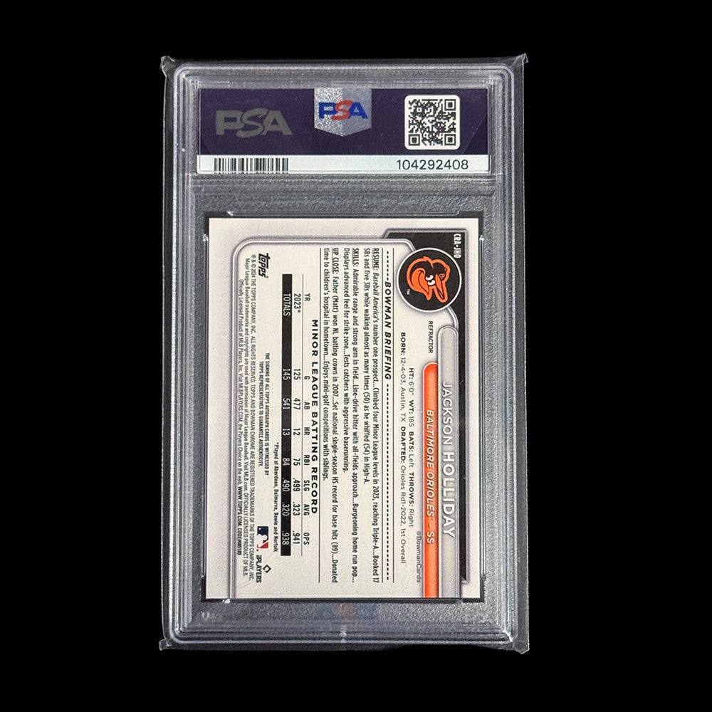 Jackson Holliday 2024 Bowman Chrome Rookie Auto Refractor PSA 9 back of card serial numbered 055/499