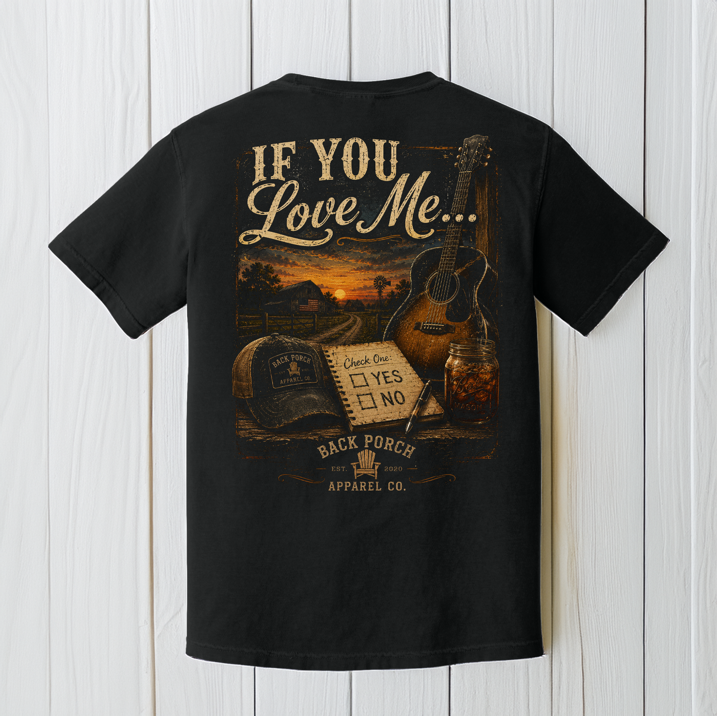 Country-themed artwork featuring an acoustic guitar, country road, farm sunset, and Check Yes or No design by Back Porch Apparel