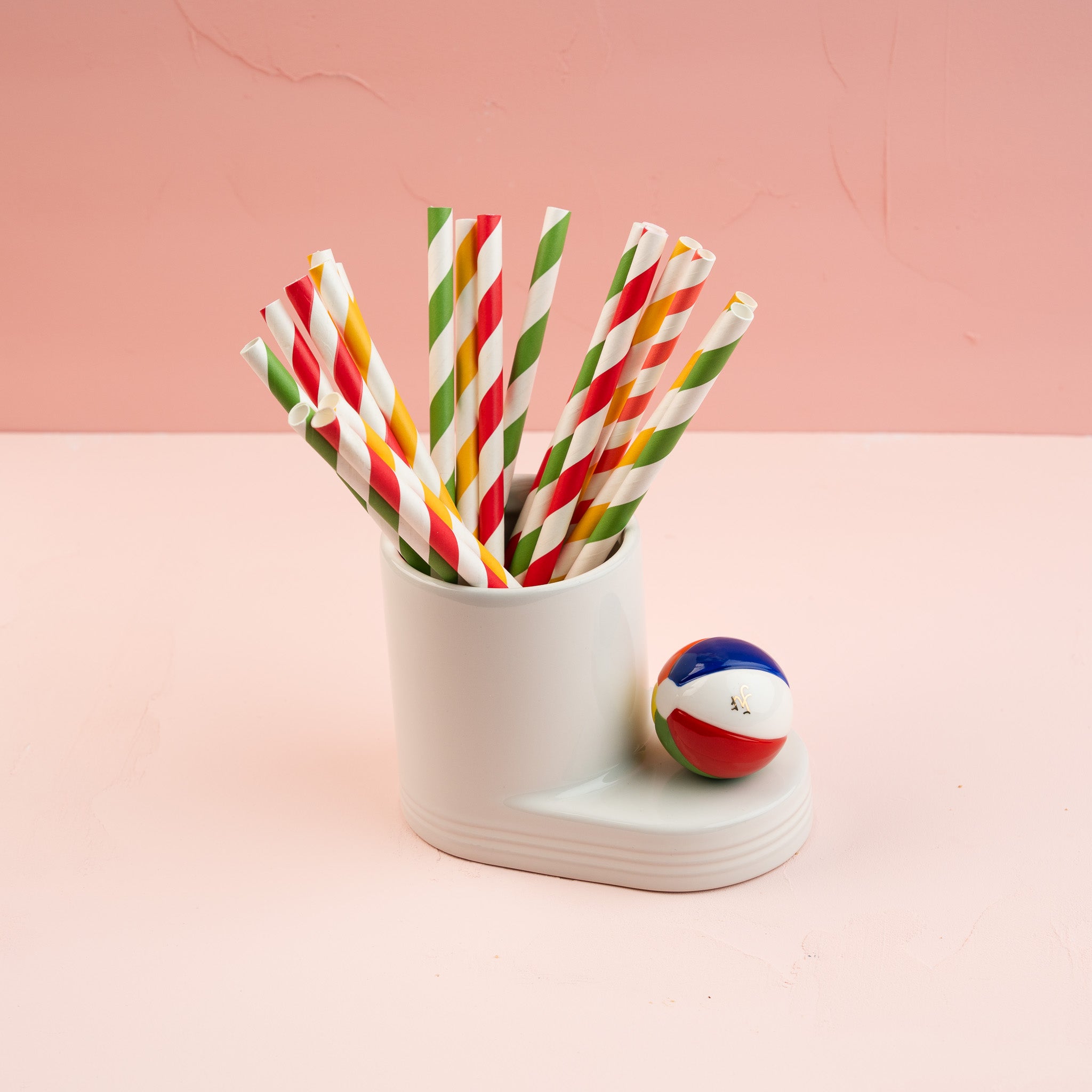 Nora Fleming Beach, Please! Mini styled with colorful party straws and summer décor for pool parties, beach days, and seasonal celebrations