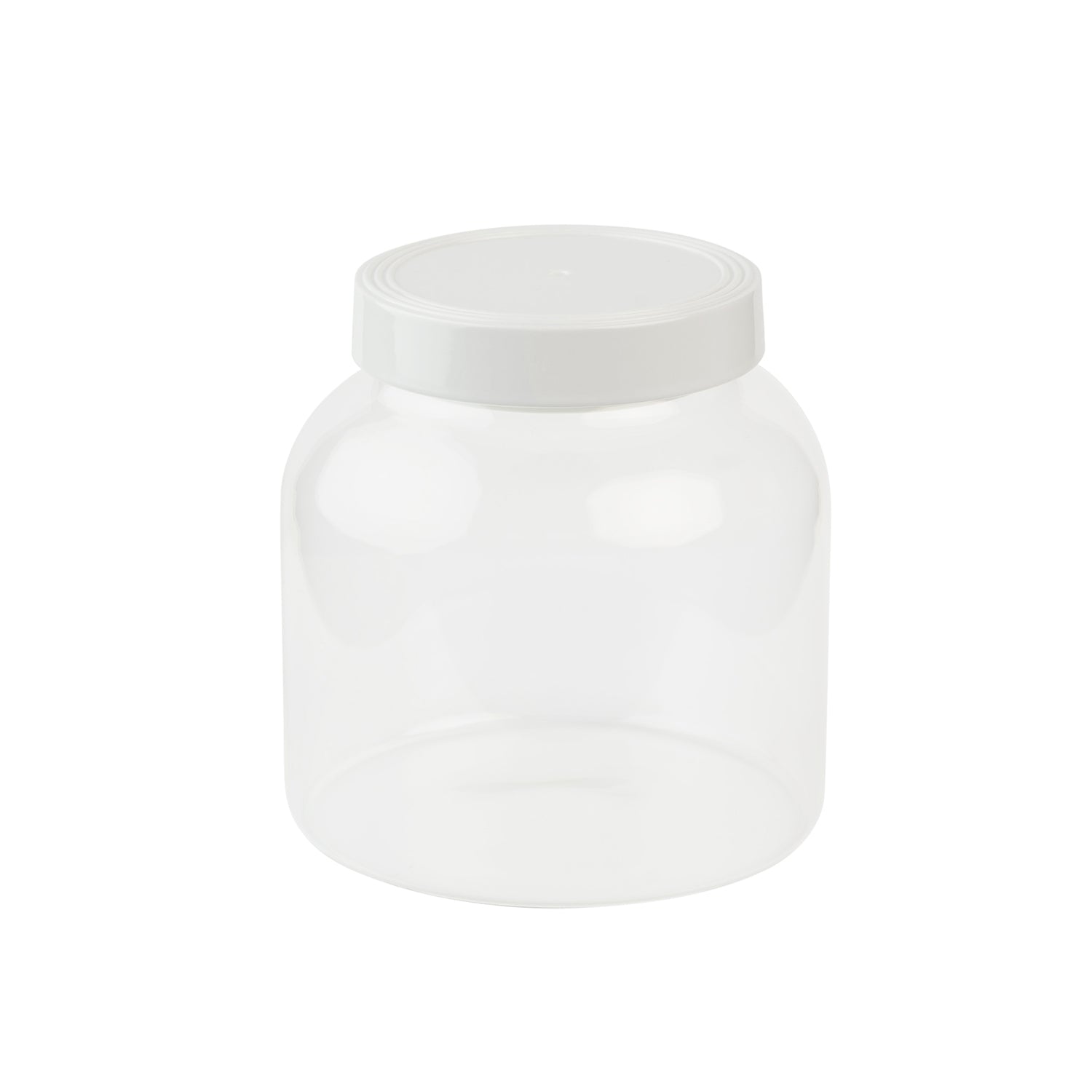 Front view of Nora Fleming Super Canister 6-inch featuring a clear acrylic body and white stoneware lid