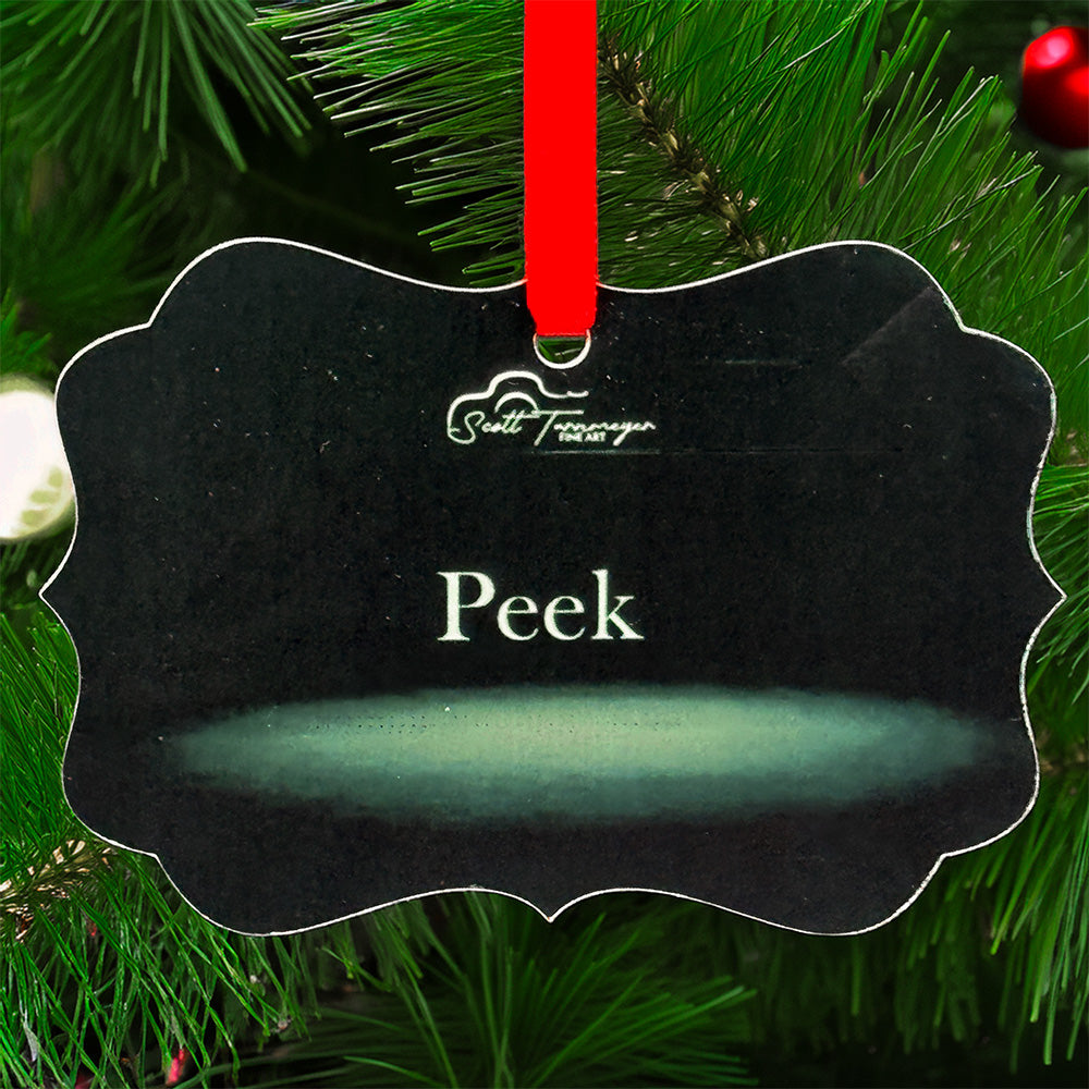 White wolf wildlife art metal ornament titled “Peek,” featuring a wolf peering over water with intense eyes and red hanging ribbon