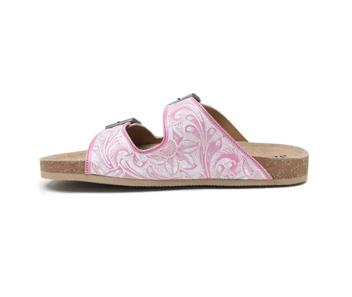 Myra Hand Tooled Leather Sandals - The Pink and White Blossom