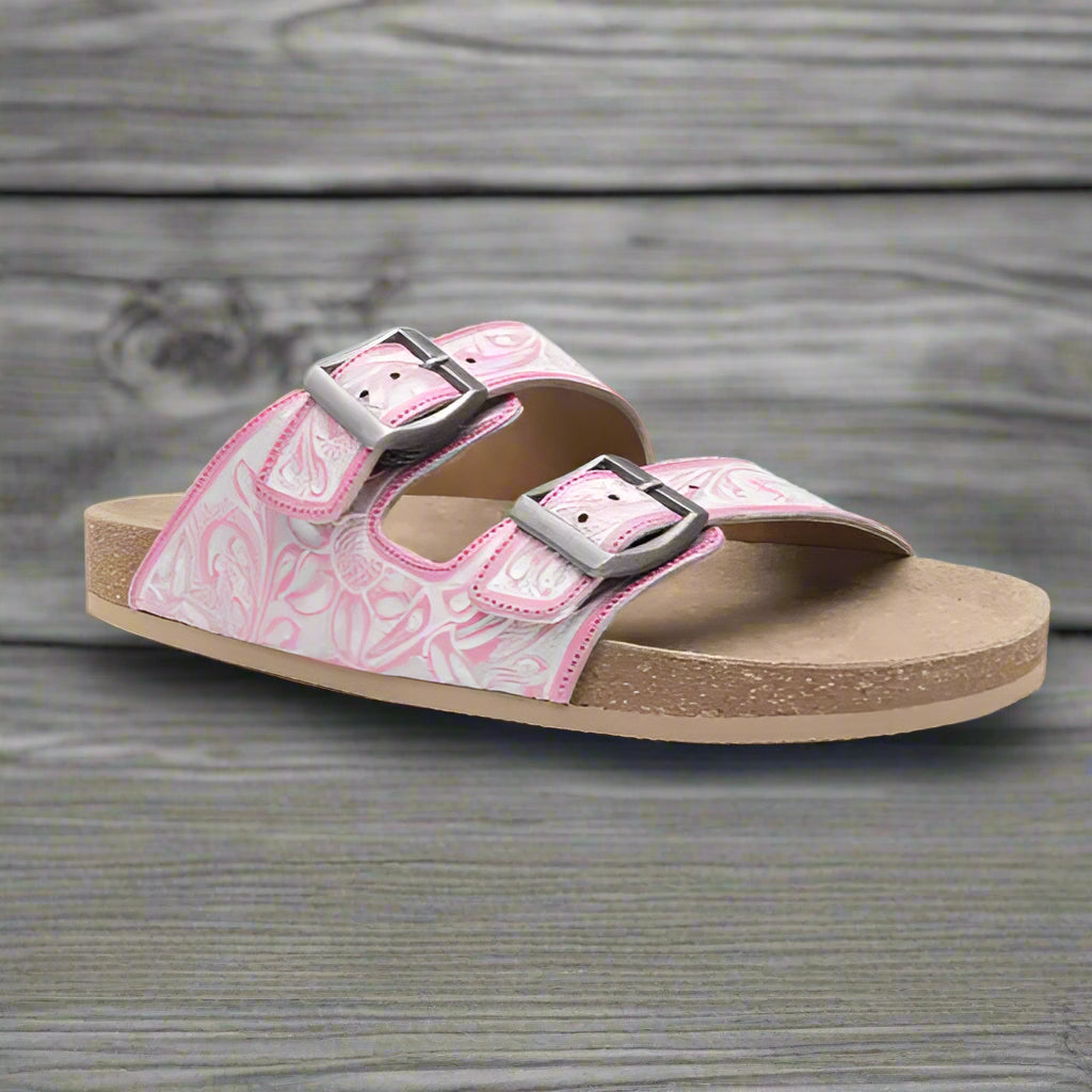 Myra Hand Tooled Leather Sandals - The Pink and White Blossom