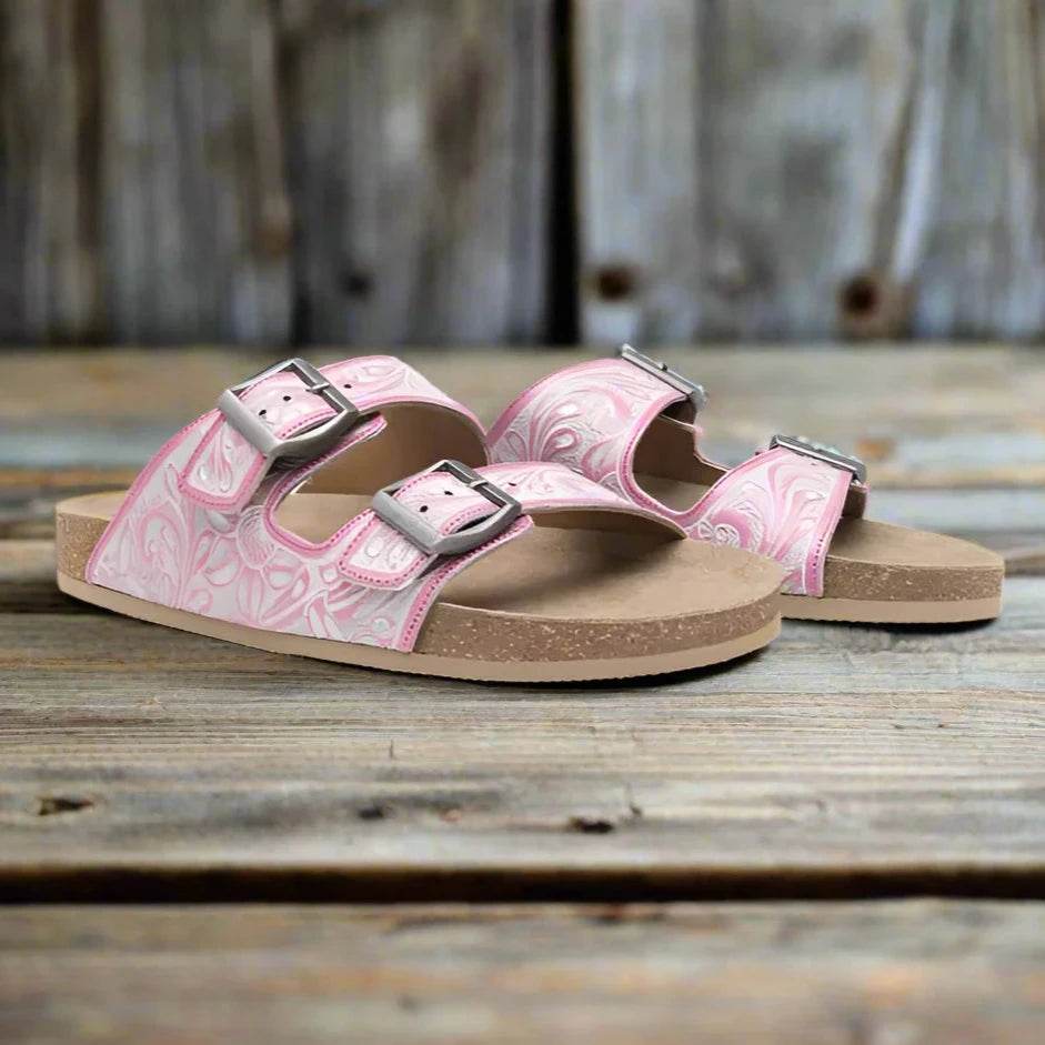 Myra Hand Tooled Leather Sandals - The Pink and White Blossom