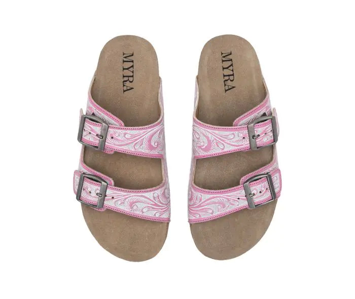 Myra Hand Tooled Leather Sandals - The Pink and White Blossom