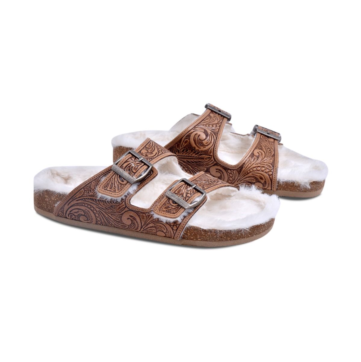 Myra Hand Tooled Leather Sandals - The Fur Lined Trail Winder