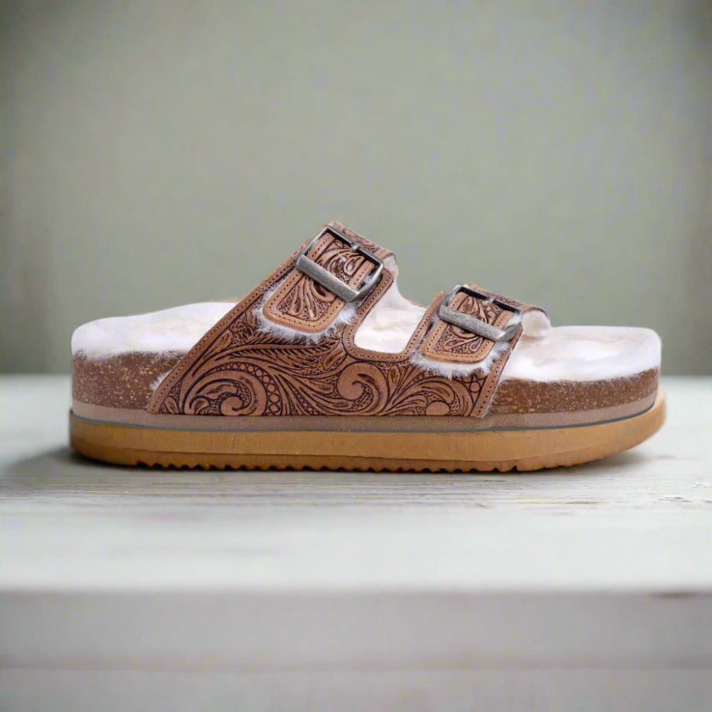 Myra Hand Tooled Leather Sandals - The Fur Lined Trail Winder